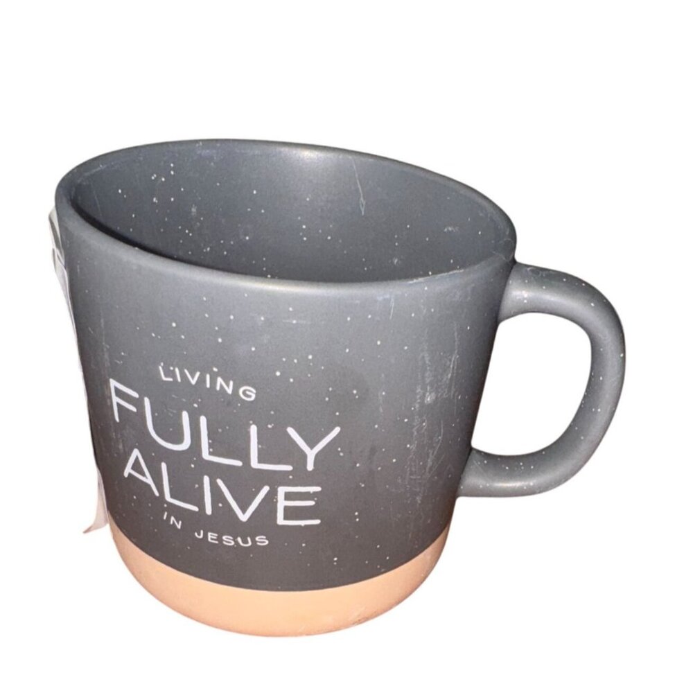 Living Fully Alive In Jesus Ceramic Mug 12 Oz Speckled Gray & Peachy Base Inspir